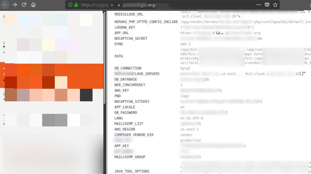 Redacted screenshot of a production application exposing its runtime configuration, including database and cloud credentials.